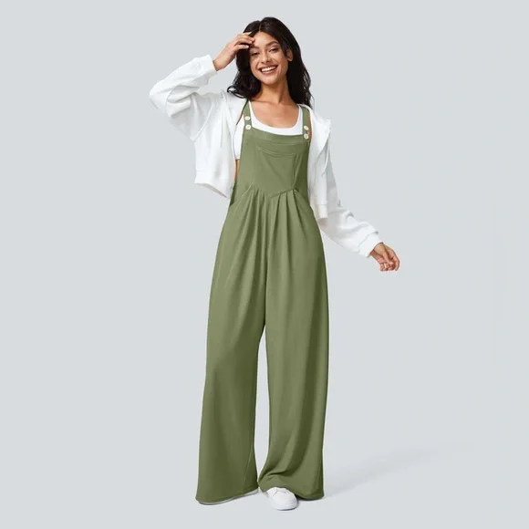 Halara Adjustable Strap Button Multiple Pockets Waffle Casual Overalls Green - Picture 1 of 10